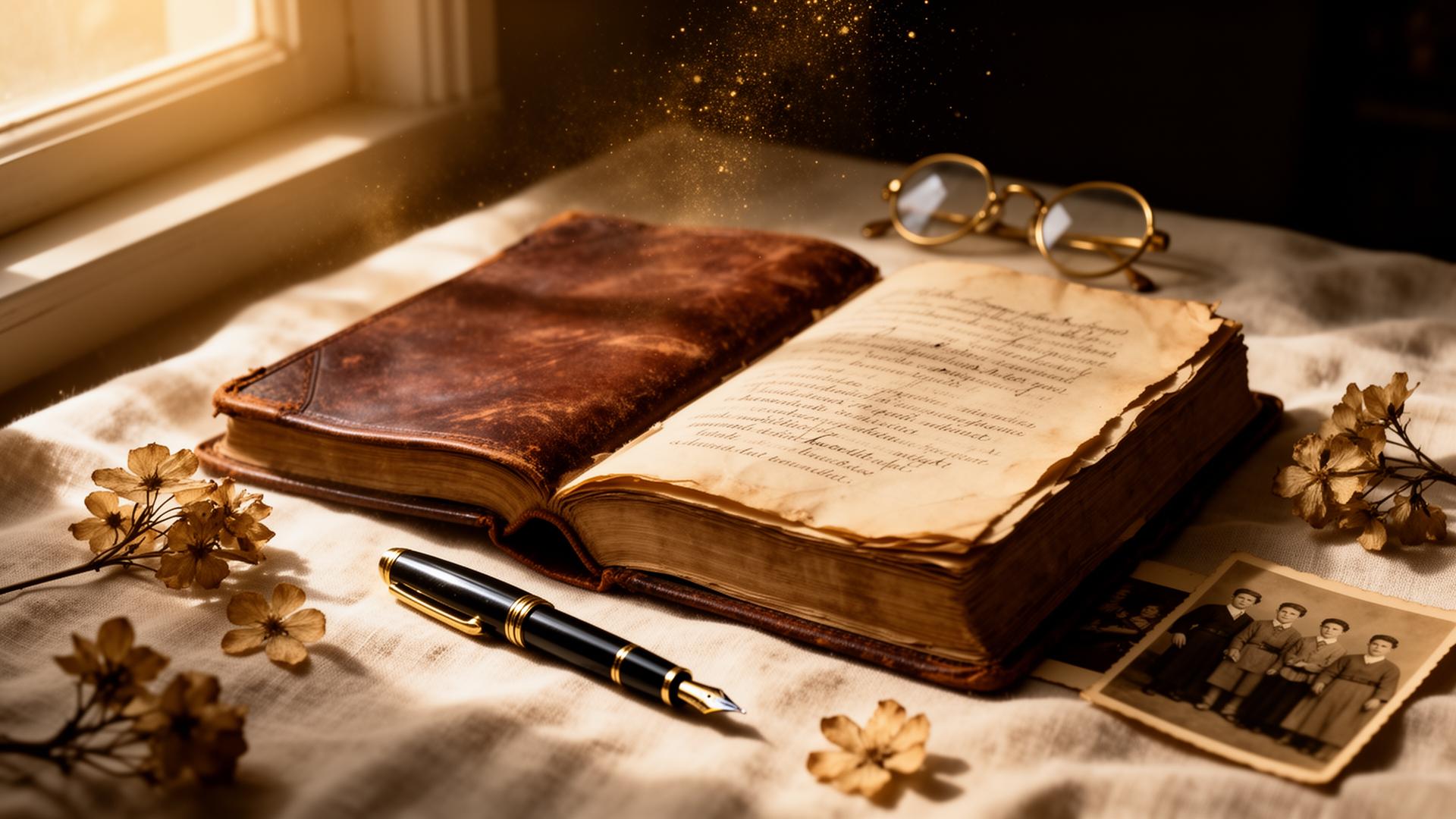 Open vintage memoir book bathed in golden window light